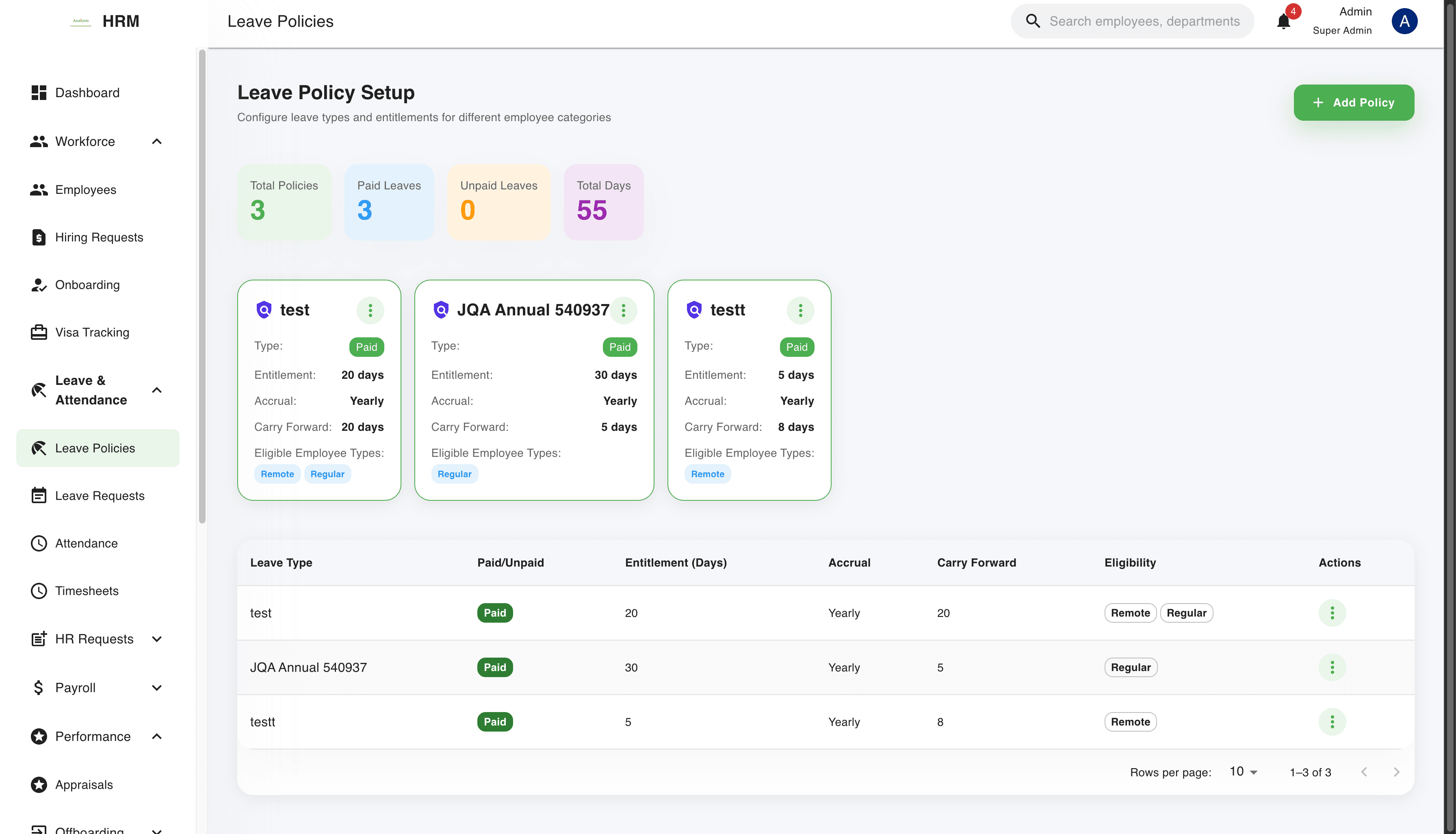 NexHRMS leave policy setup and leave entitlement dashboard