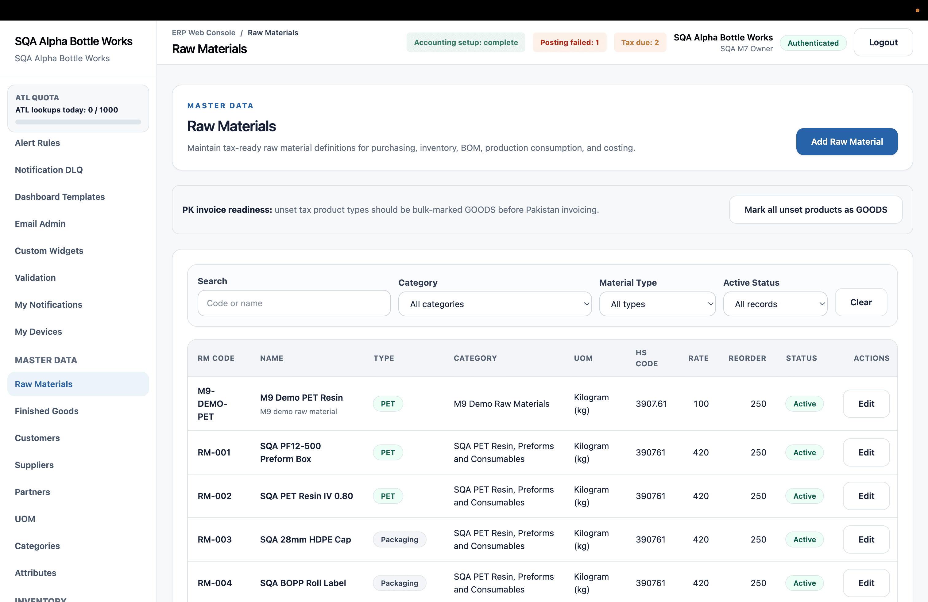 NexPlastic raw materials master data dashboard