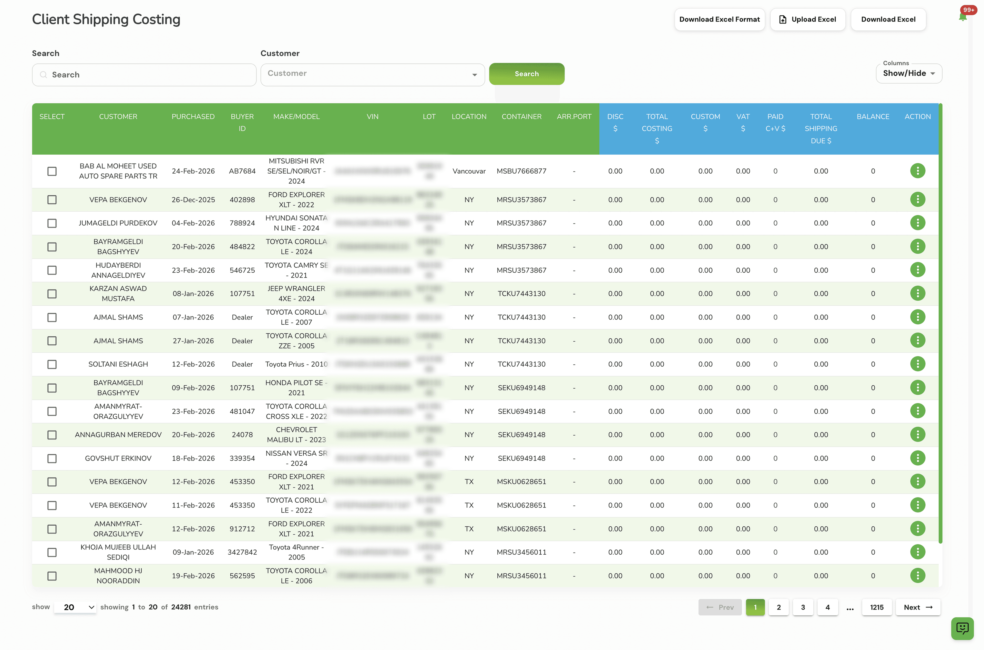 Manufacturing and inventory operations table with costing and batch visibility