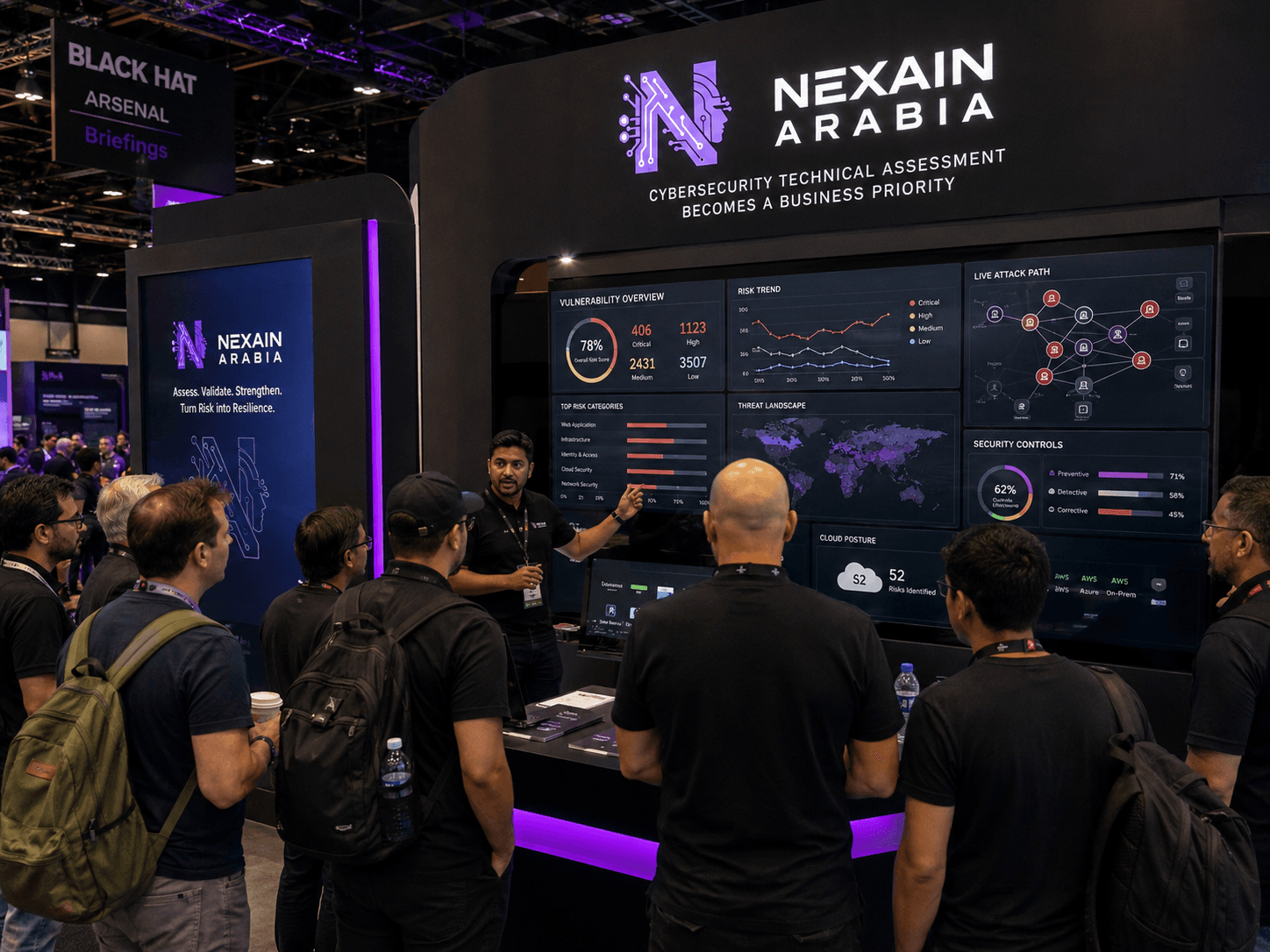 Nexain Arabia Black Hat booth presenting cybersecurity technical assessment dashboards